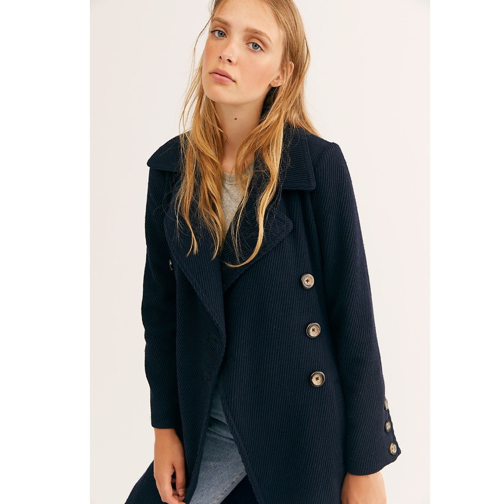 Free People Double Breasted Woven Ribbed Overcoat Longline Coat NWT Navy Blue - Picture 4 of 8